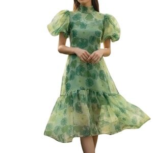A360 Nancy Whimsical Green  Floral Maxi  Dress Puff Sleeve Back BowTie NWT M